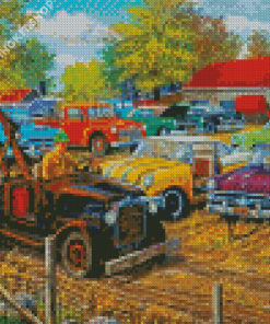 Vintage Old Cars In Yard Diamond Painting