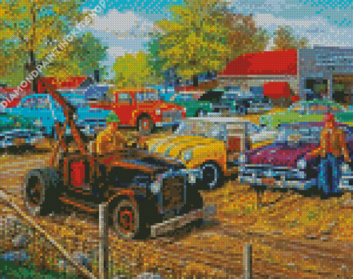 Vintage Old Cars In Yard Diamond Painting