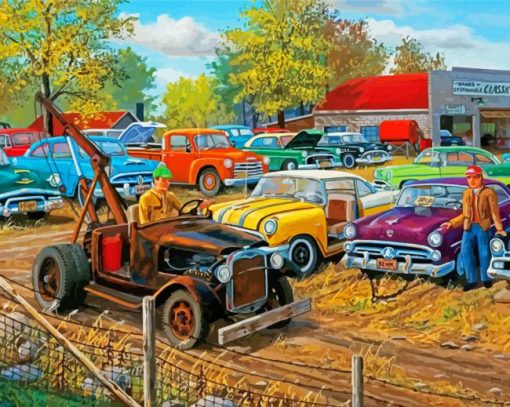 Vintage Old Cars In Yard Diamond Painting