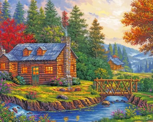 Autumn Peace River Cabin Diamond Painting