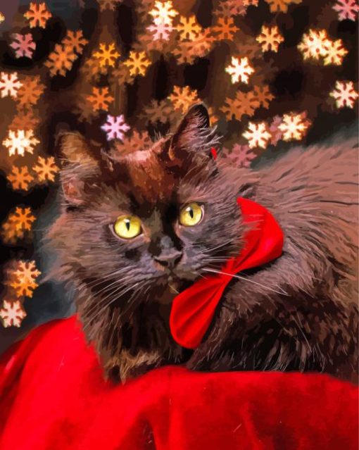 Fluffy Black Cat With Red Bow Tie Diamond Painting