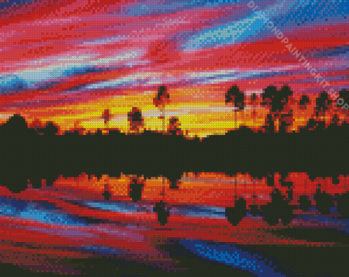 Fall Sunset Trees Reflections Diamond Painting