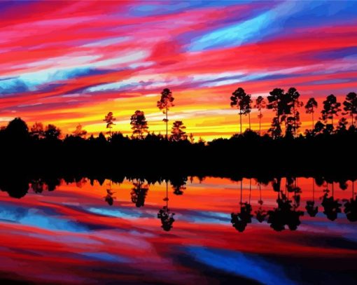 Fall Sunset Trees Reflections Diamond Painting