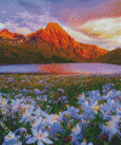 Flowers And Lake Mountains Diamond Painting