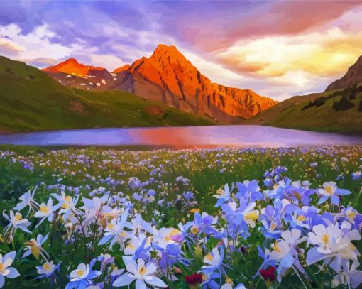 Flowers And Lake Mountains Diamond Painting