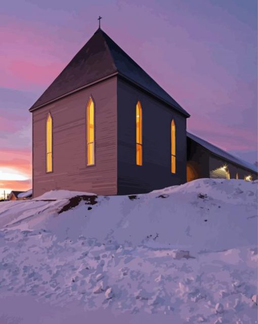 Snow Church Sunset Diamond Painting