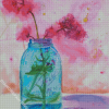 Pink Flowers In Blue Mason Jar Art Diamond Painting