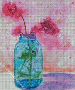 Pink Flowers In Blue Mason Jar Art Diamond Painting