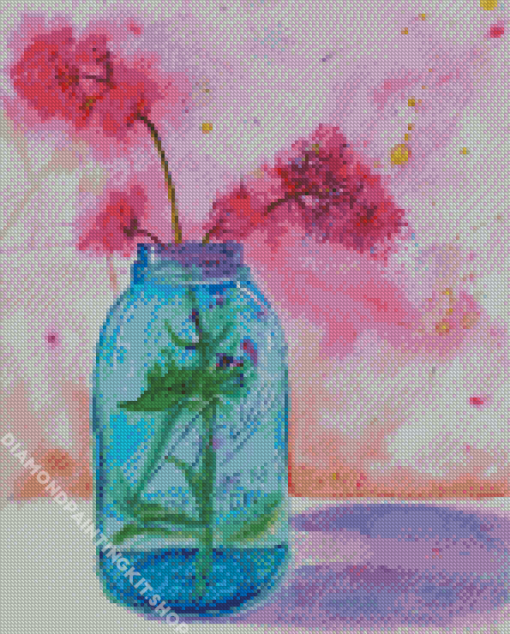 Pink Flowers In Blue Mason Jar Art Diamond Painting