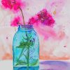 Pink Flowers In Blue Mason Jar Art Diamond Painting