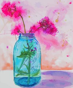 Pink Flowers In Blue Mason Jar Art Diamond Painting