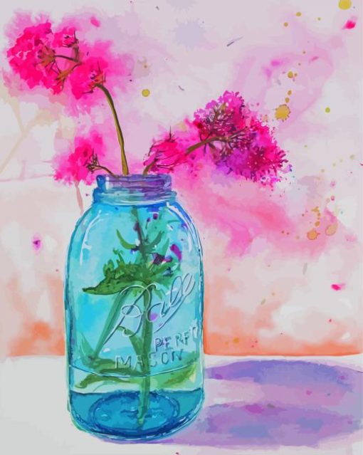 Pink Flowers In Blue Mason Jar Art Diamond Painting