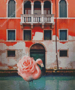 Flamingo With Rose In Water Diamond Painting