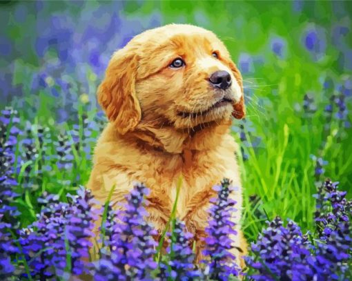 Golden Puppy In Lavender Field Diamond Painting