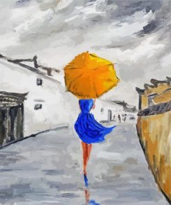 Lady With Yellow Umbrella And Blue Dress Diamond Painting