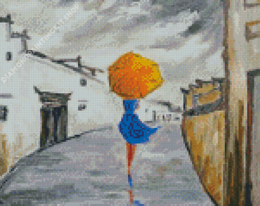 Lady With Yellow Umbrella And Blue Dress Diamond Painting