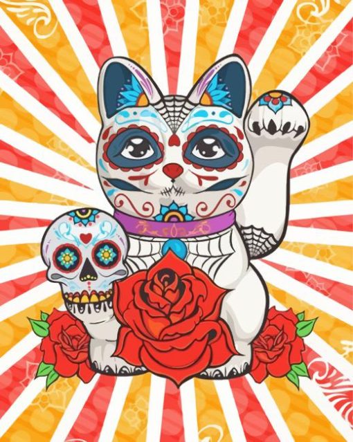 Maneki Neko Sugar Skull Diamond Painting