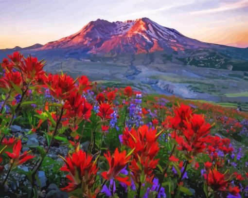 Mt St Helens With Red Poppies Diamond Painting