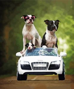 Pit Bull Family On Car Diamond Painting