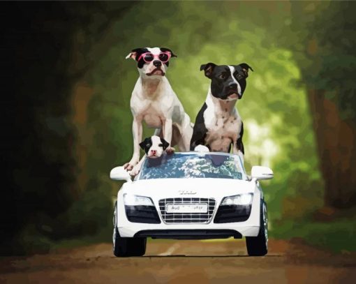 Pit Bull Family On Car Diamond Painting