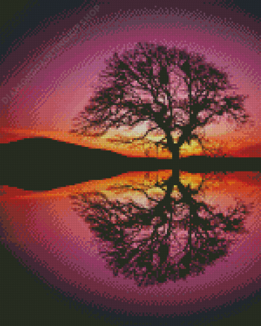 Reflection Tree By Water At Sunset Diamond Painting