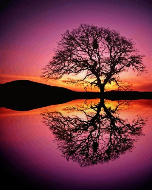 Reflection Tree By Water At Sunset Diamond Painting