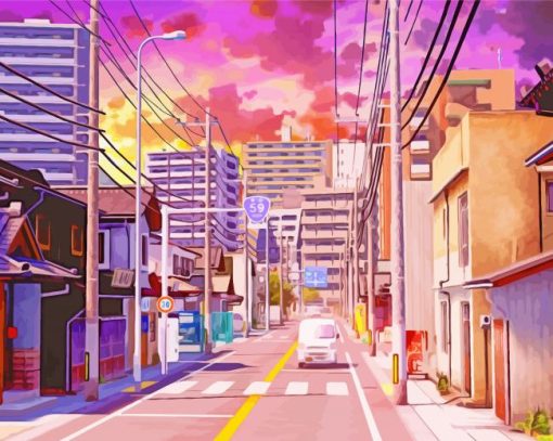 Sunset At Anime City Diamond Painting