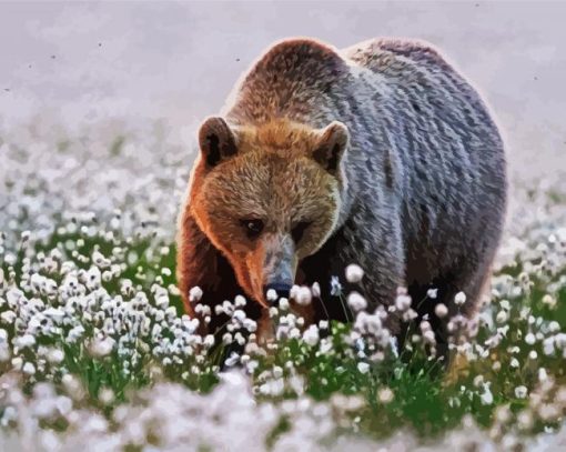 Adorable Bear In Flowers Field Diamond Painting