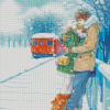 Anime Couple And Red Train In Snow Diamond Painting