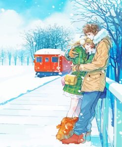 Anime Couple And Red Train In Snow Diamond Painting