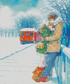 Anime Couple And Red Train In Snow Diamond Painting