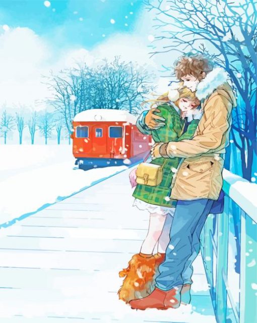 Anime Couple And Red Train In Snow Diamond Painting