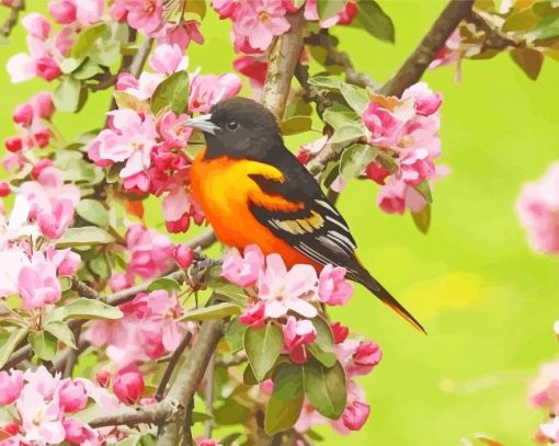 Baltimore Oriole On Floral Tree Diamond Painting