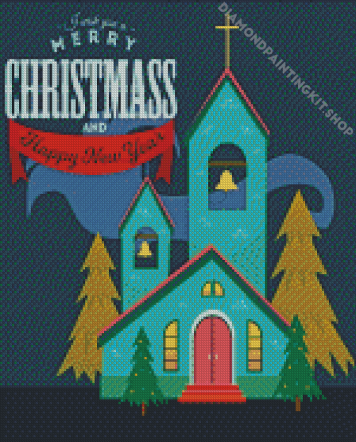 Merry Christmas And Happy New Year Card Church Diamond Painting