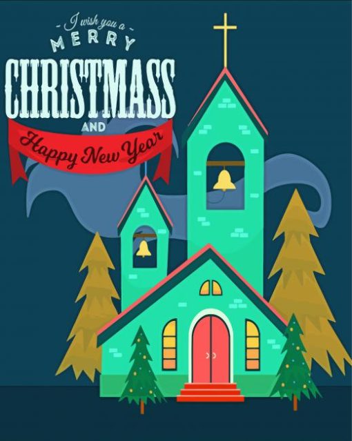 Merry Christmas And Happy New Year Card Church Diamond Painting