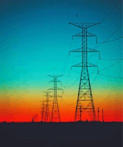 Powerline With Red Sunset Diamond Painting