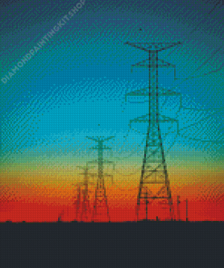 Powerline With Red Sunset Diamond Painting