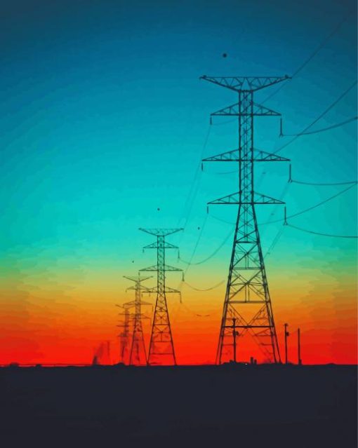 Powerline With Red Sunset Diamond Painting