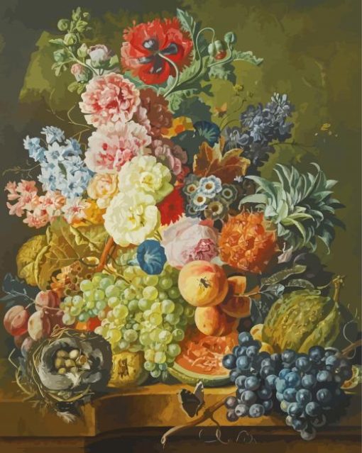 Still Life Of Flowers And A Birds Nest On A Marble Ledge By Paulus Theodorus Diamond Painting