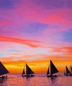 Sunset With Boats Diamond Painting