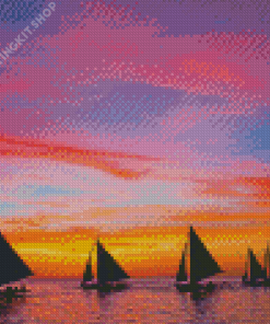 Sunset With Boats Diamond Painting