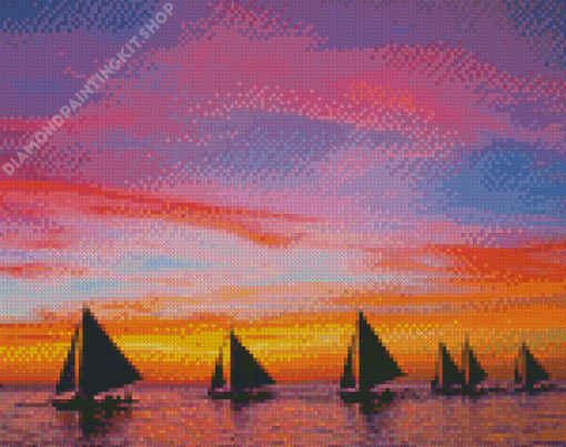 Sunset With Boats Diamond Painting