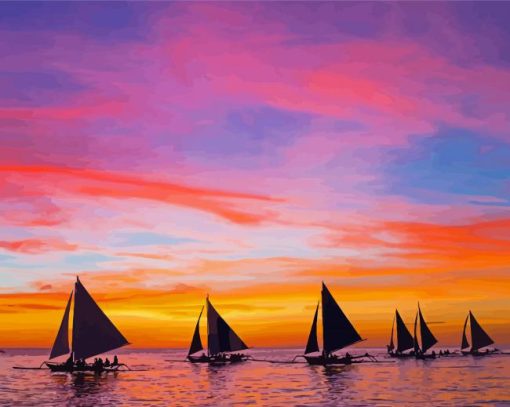 Sunset With Boats Diamond Painting