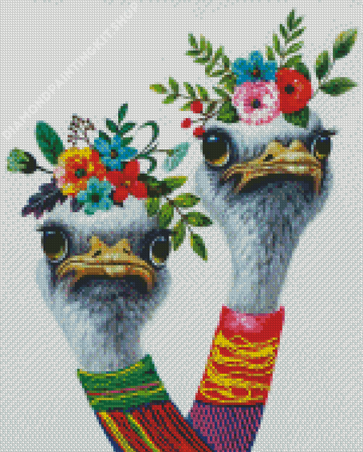 Two Ostrich And Flowers Diamond Painting