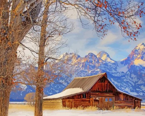 Barn Teton Mountains In Winter Diamond Painting