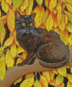 Black Cat In Autumn Leaves Diamond Painting