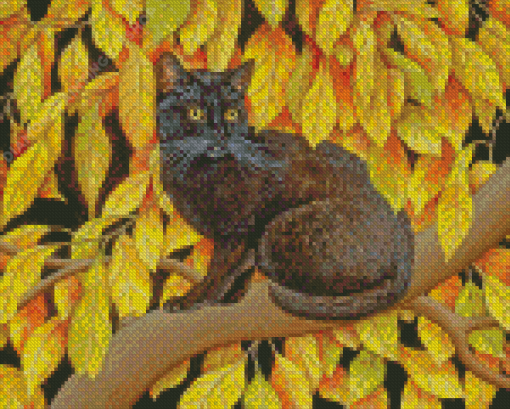 Black Cat In Autumn Leaves Diamond Painting