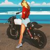 Blonde Long Hair Motorcycle Lady By The Sea Diamond Painting