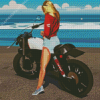 Blonde Long Hair Motorcycle Lady By The Sea Diamond Painting