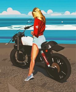 Blonde Long Hair Motorcycle Lady By The Sea Diamond Painting